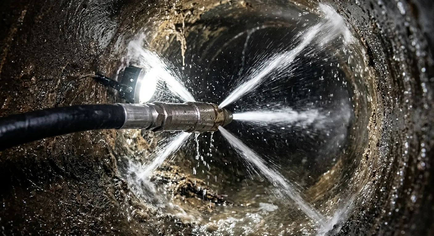 High-pressure hydro jetting nozzle cleaning sewer pipe for Emergency Drain Service in Pittsfield